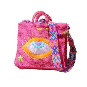 Pink Evil Eye Handmade Beach Bag_Embroidered Resort Bag